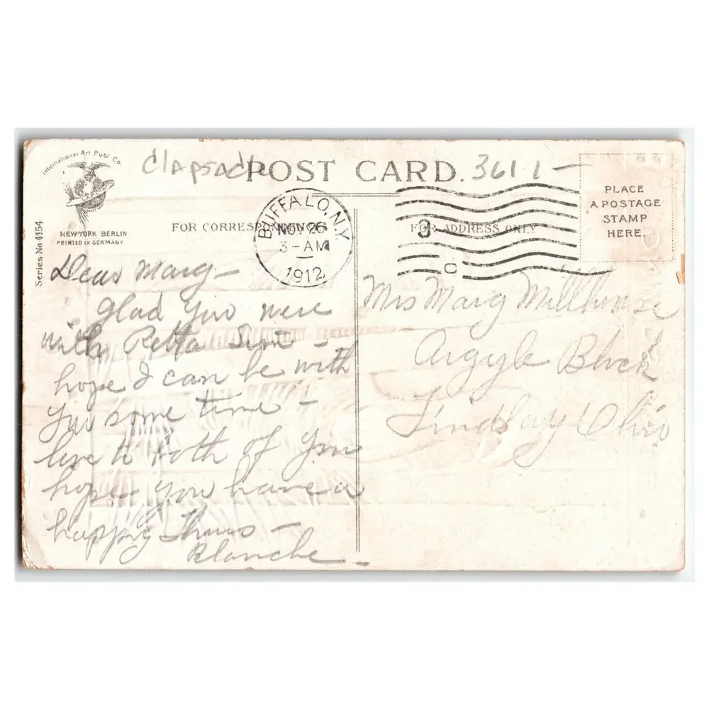 1912 Thanksgiving Postcard Ellen Clapsaddle Turkey Cordial Greetings Buffalo NY